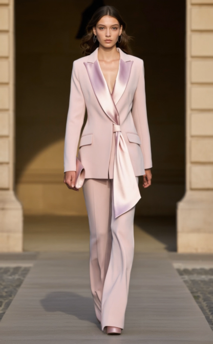 Business Blazer Suit Sets Pink Lapel Long Sleeve Pants Set