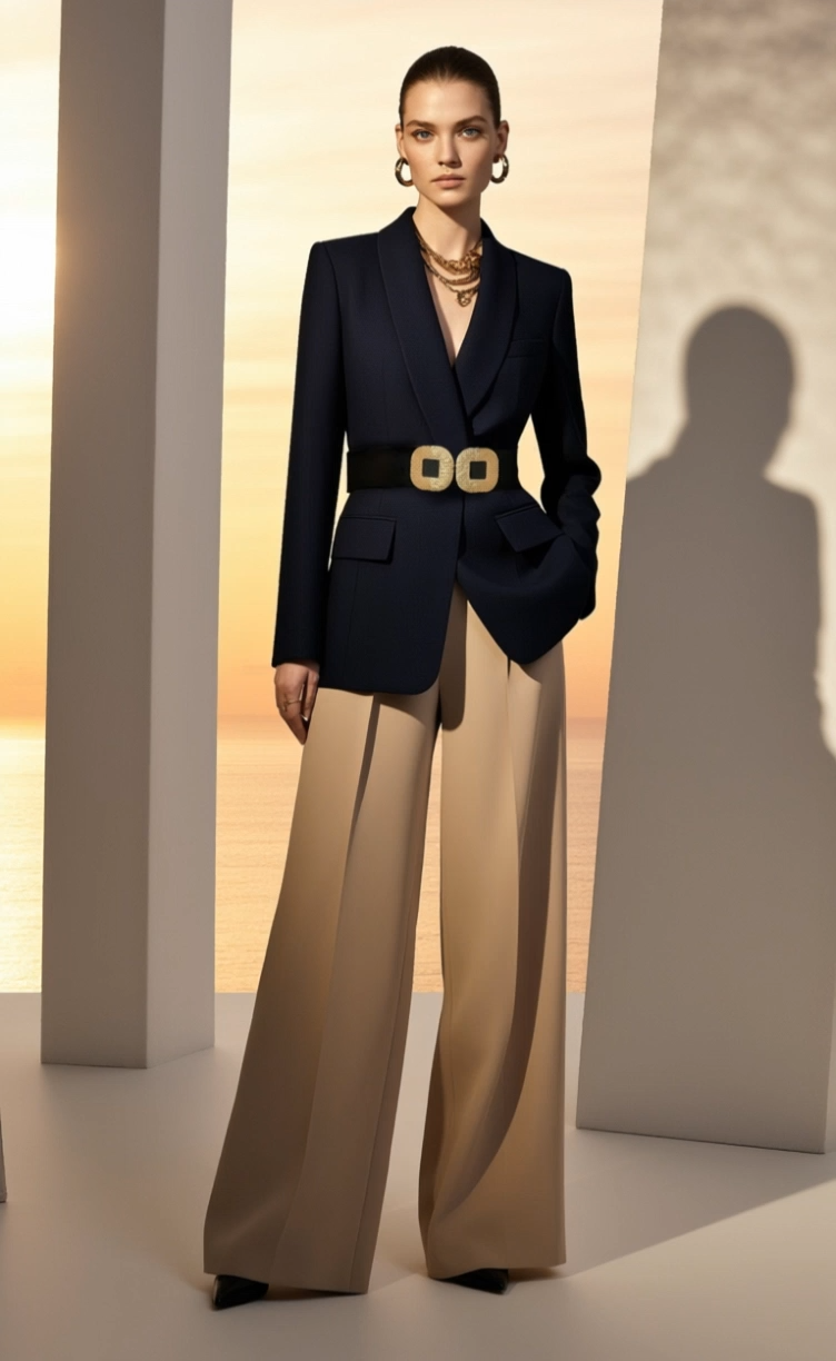 Black Work Blazer Suit Set with Brown Wide Leg Pants and Belt