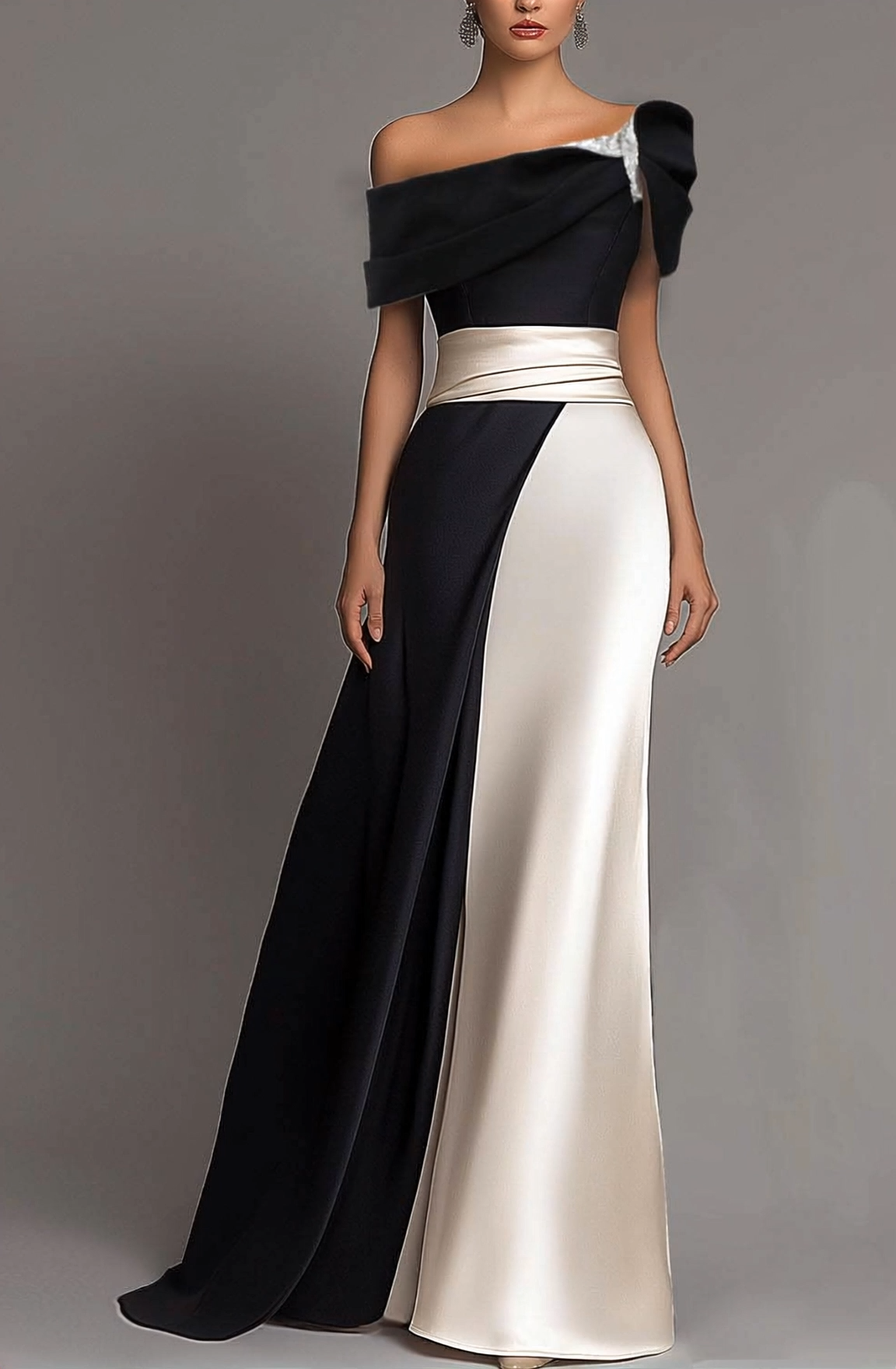 Party Formal Dress Color Block One-shoulder Sleeve Asymmetrical Floor-length Gown