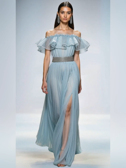 Evening Dress Light Blue Off Shoulder Ruffle Chiffon Slit Maxi Gown