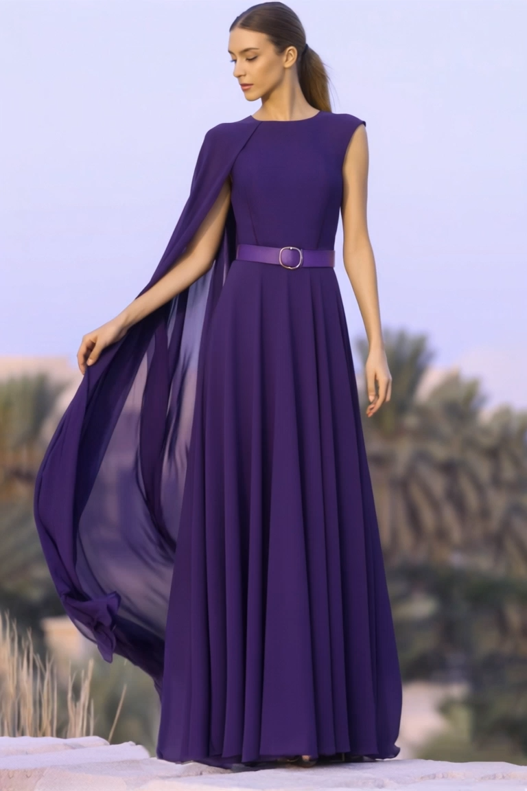 ​Evening Formal​ ​​Cape Dress Purple Crew Neck Belted Floor-Length Dress