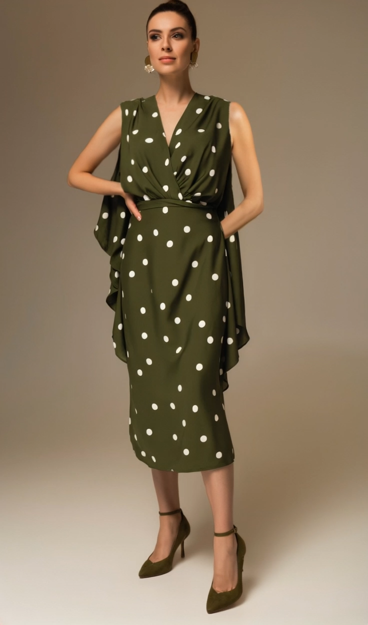 Daily Polka Dot Dress Green Sleeveless Cross Neck Pocketed Midi Dress
