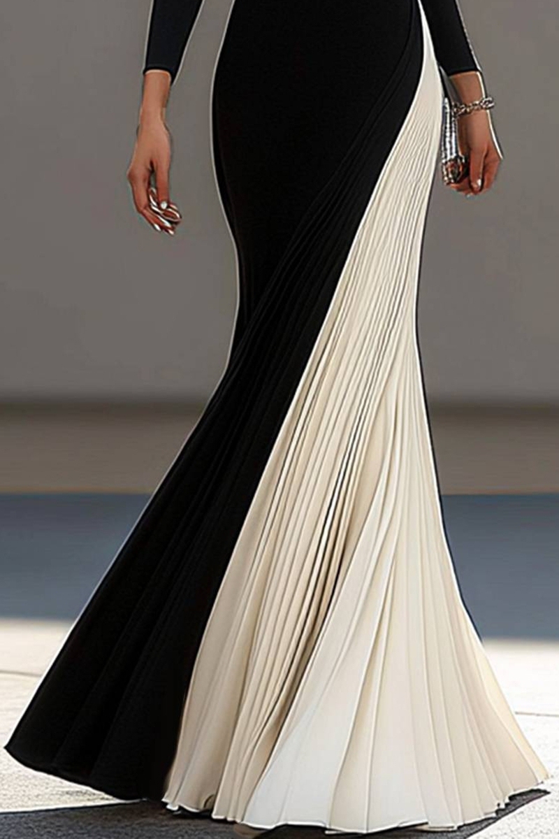 Elegant Formal Evening Work Black White Dress Pleated Simple V-Neck Maxi Dress