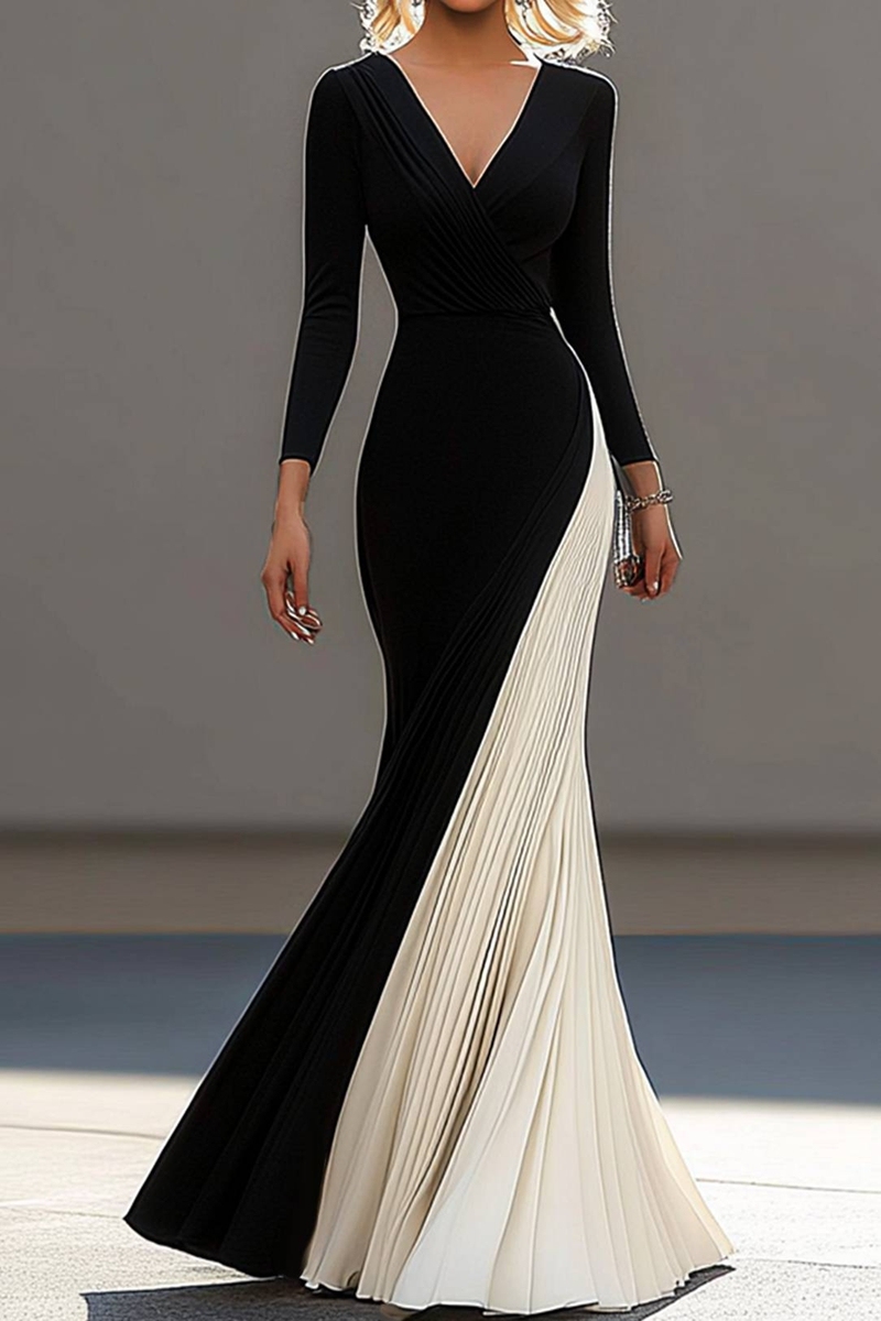 Elegant Formal Evening Work Black White Dress Pleated Simple V-Neck Ma