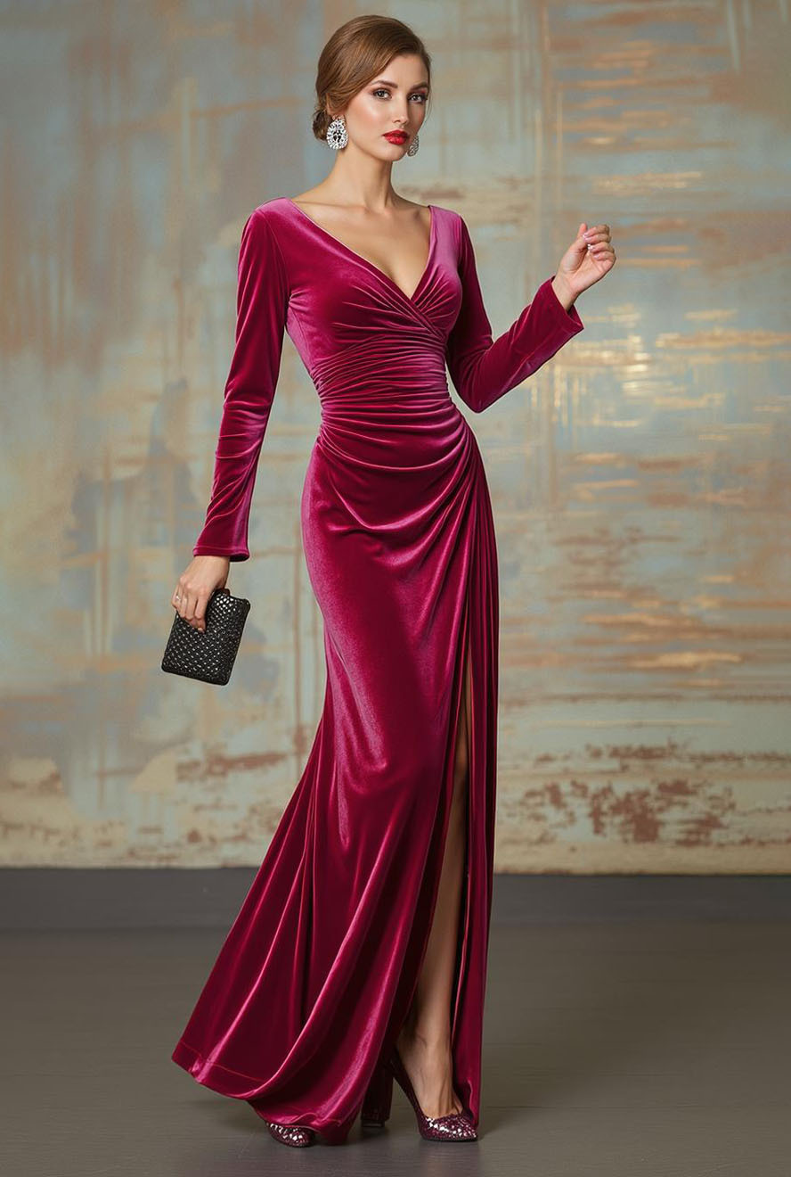 Fall Wedding Guest Dress Velvet Fuchsia V Neck Maxi Dress