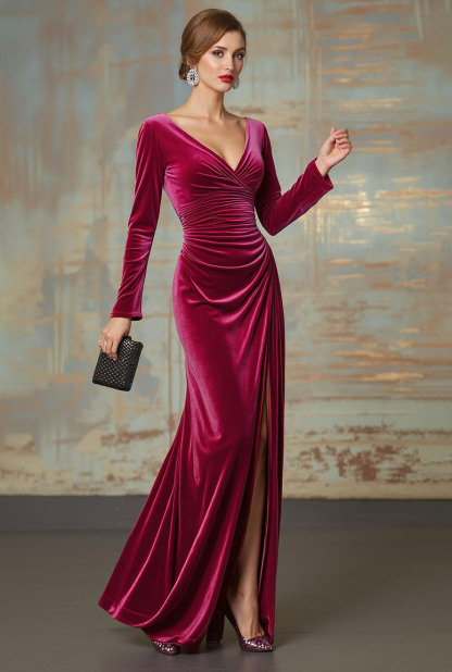 Fall Wedding Guest Dress Velvet Fuchsia V Neck Maxi Dress