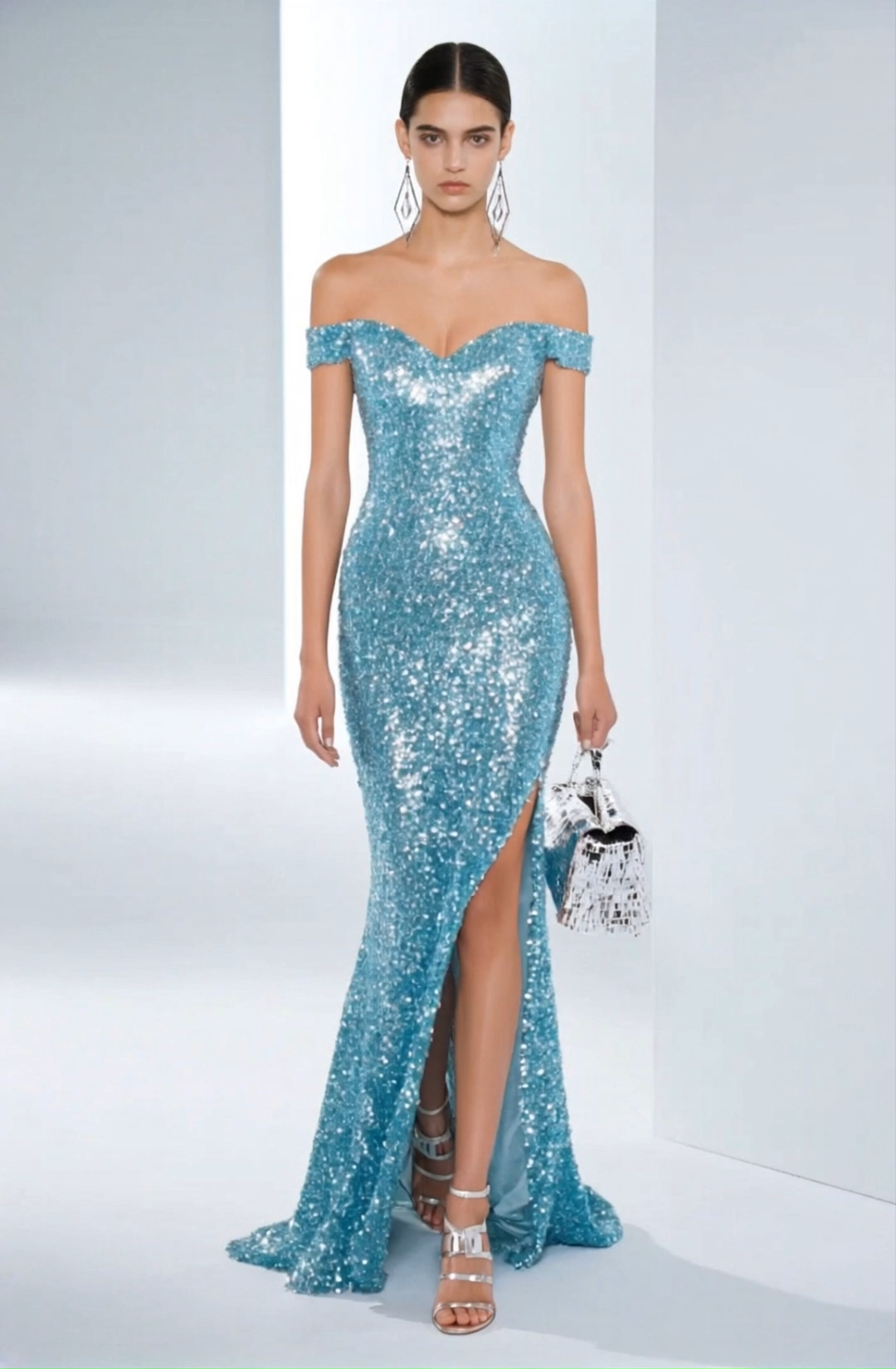 Evening Formal Sequin Dress Blue One-Shoulder High Slit Floor-Length Gown