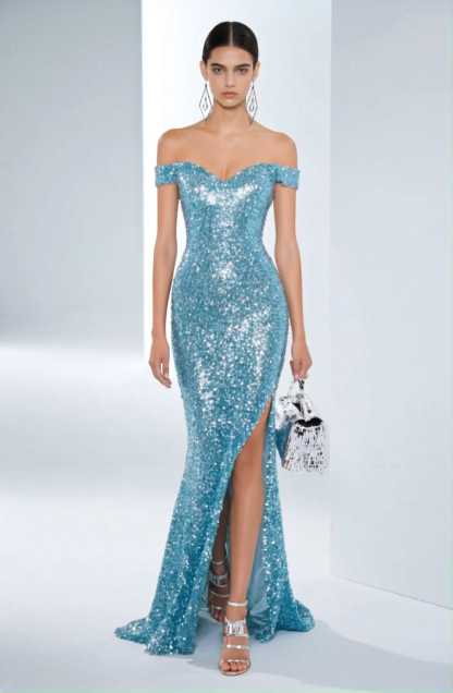 Evening Formal Sequin Dress Blue One-Shoulder High Slit Floor-Length Gown