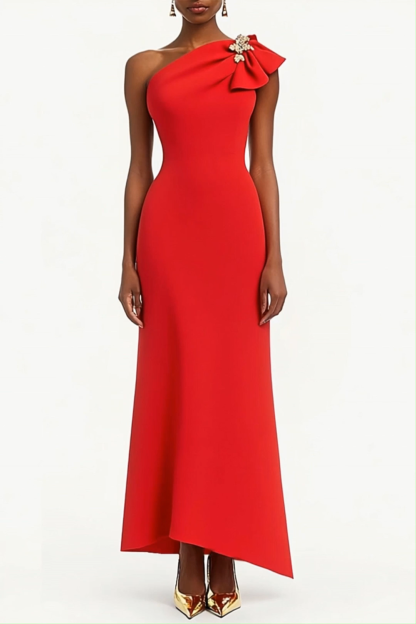 Evening Wedding Dress One-Shoulder Rhinestone Pleated Shoulder Strap Maxi Dress