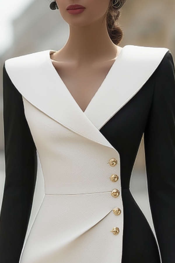 Work Dress Black White Lapel Knee-Length Long Sleeve Dress