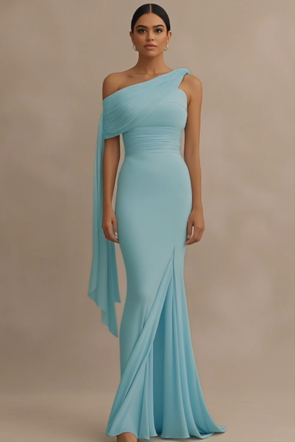 Formal Evening Dress Light Blue One Shoulder Draped Slit Floor Dress