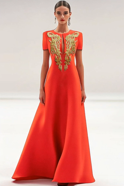Formal Red Dress Mesh Embroidery Elegant Round Neck Maxi Dress Mother of the Bride Dress