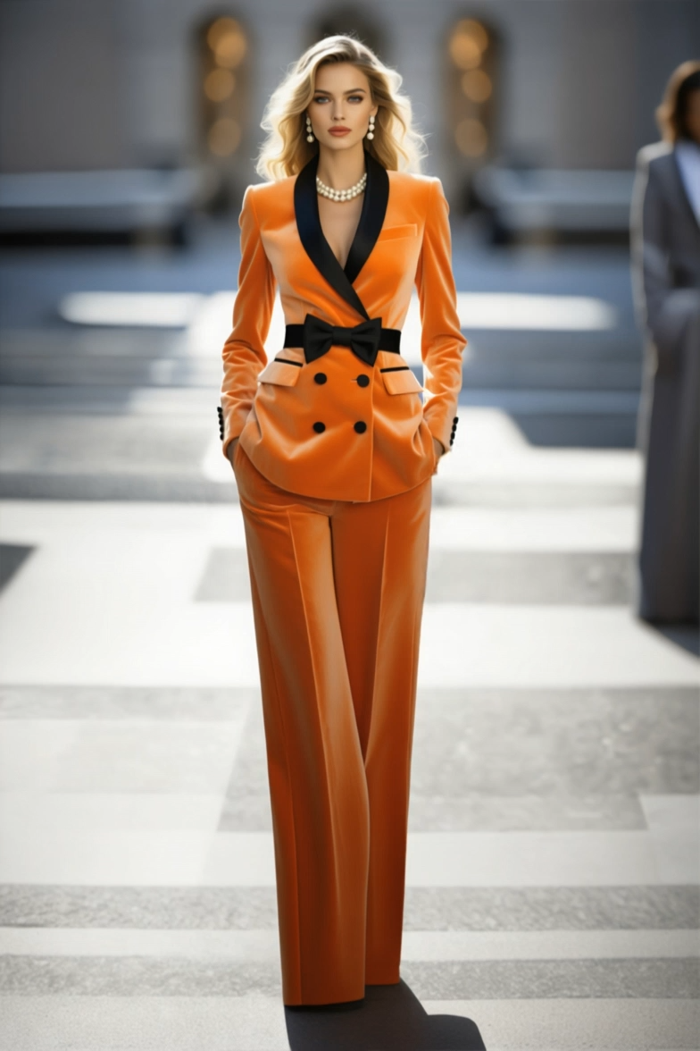 Work Formal Velvet Blazer Suit Orange Long Sleeve with Waist Bow & Pants
