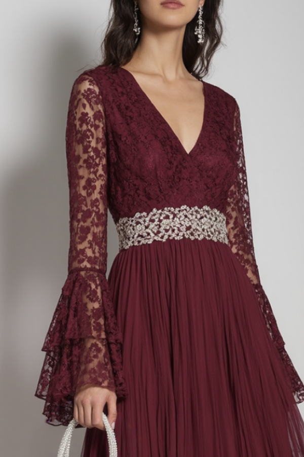 Formal Dress Burgundy V Neck Lace Belted Maxi Dress