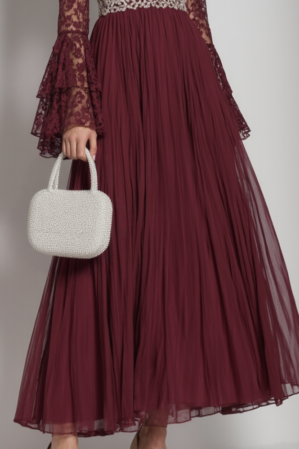 Formal Dress Burgundy V Neck Lace Belted Maxi Dress