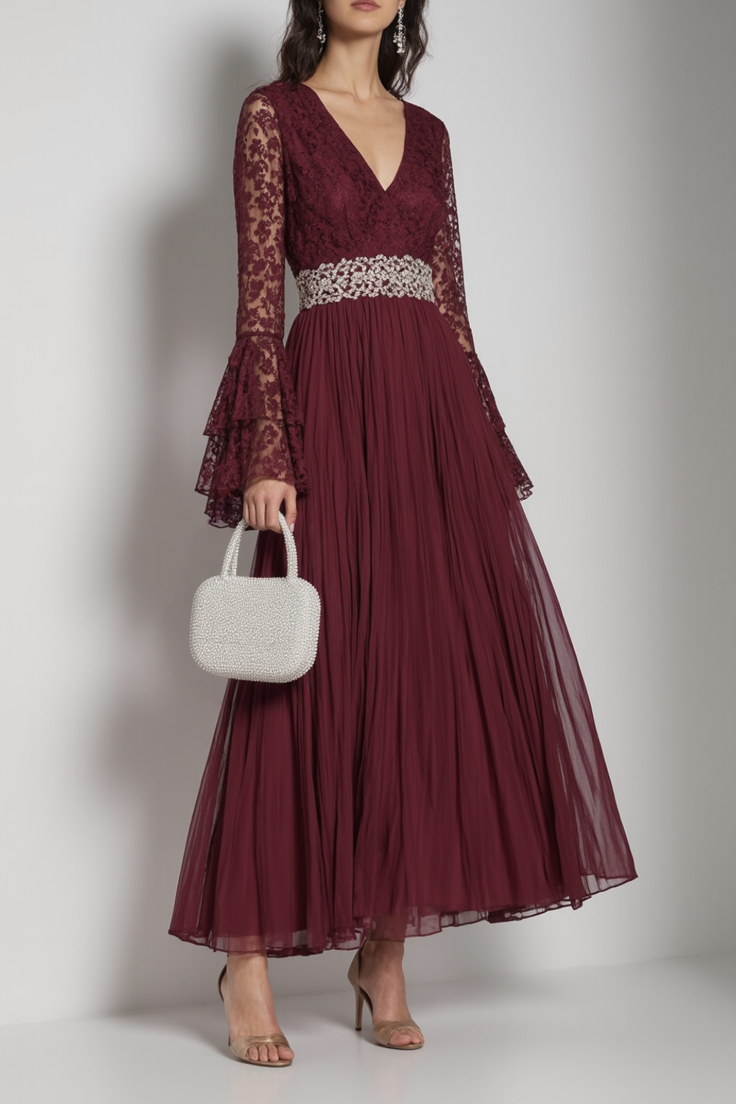 Formal Dress Burgundy V Neck Lace Belted Maxi Dress