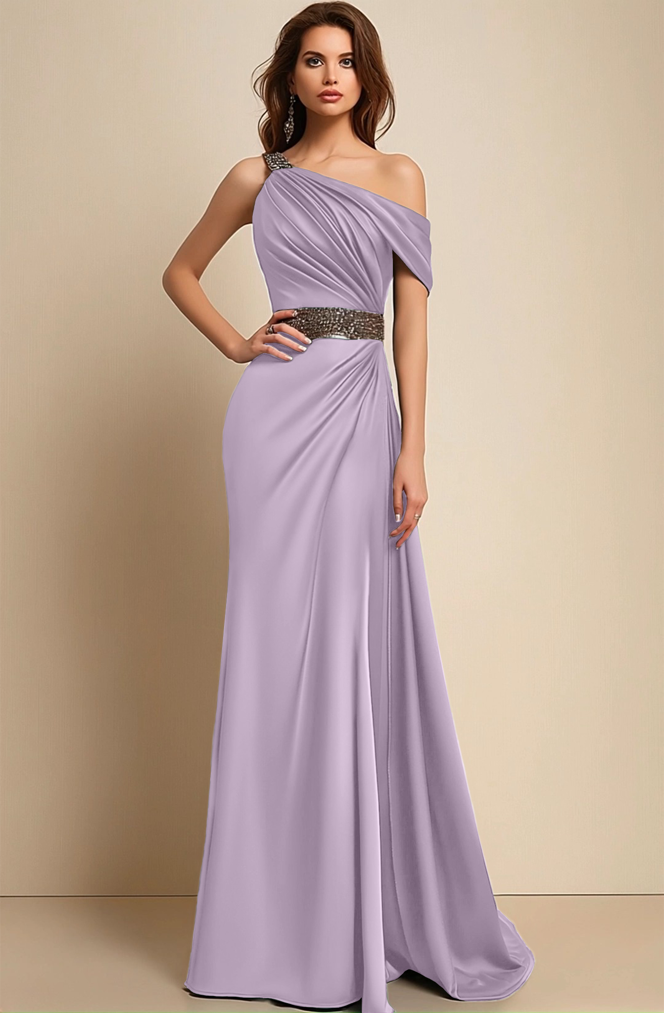 Formal Dress Green One-Shoulder Rhinestone Waist Belt Floor-Length Dre