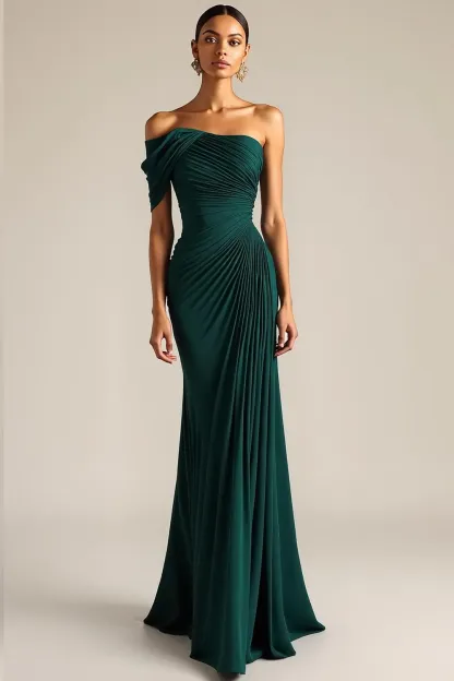 Evening Formal Dress Peacock Blue Sheath One Shoulder Maxi Dress