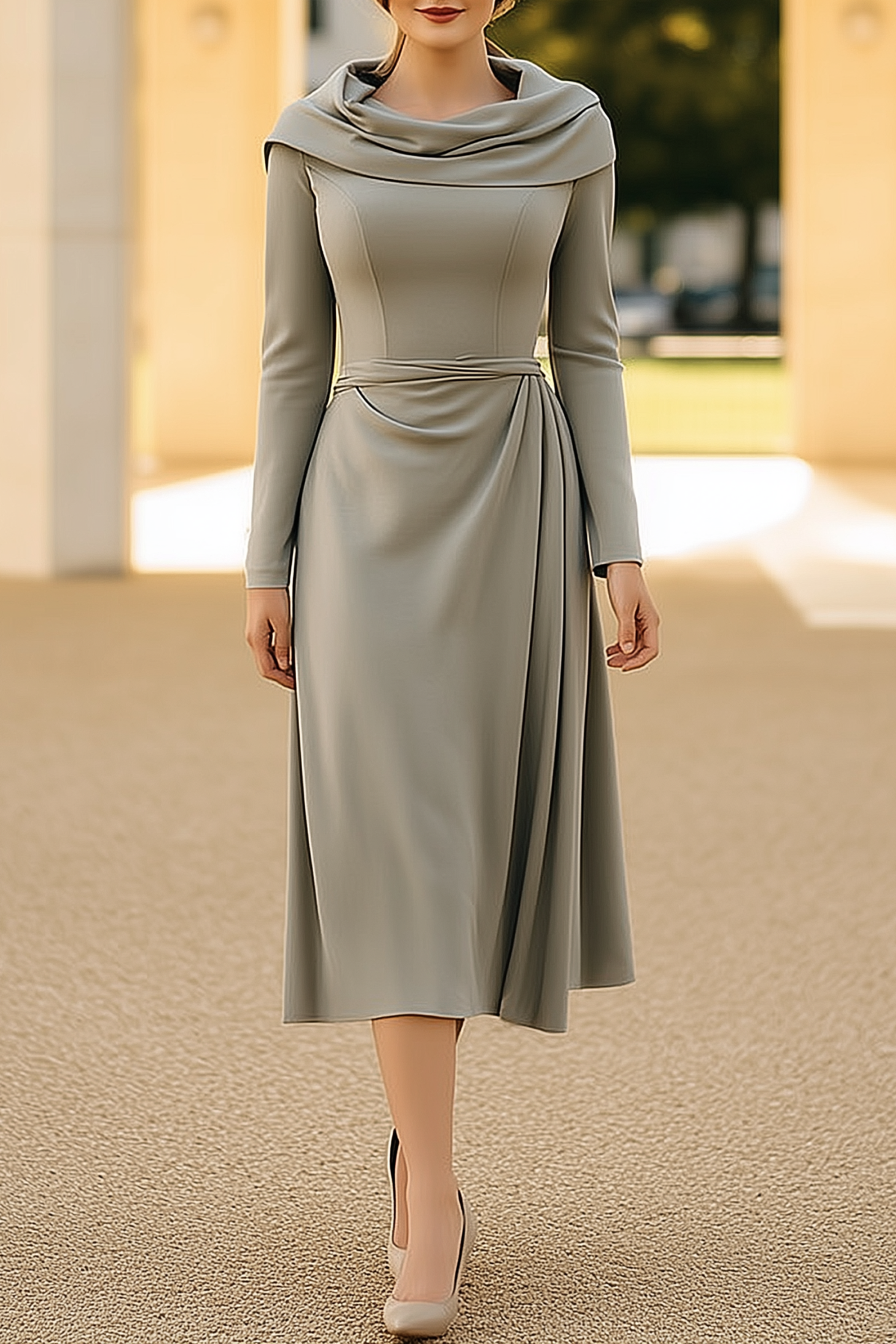 Work Dress Green Cowl Neck Long Sleeve Midi Dress