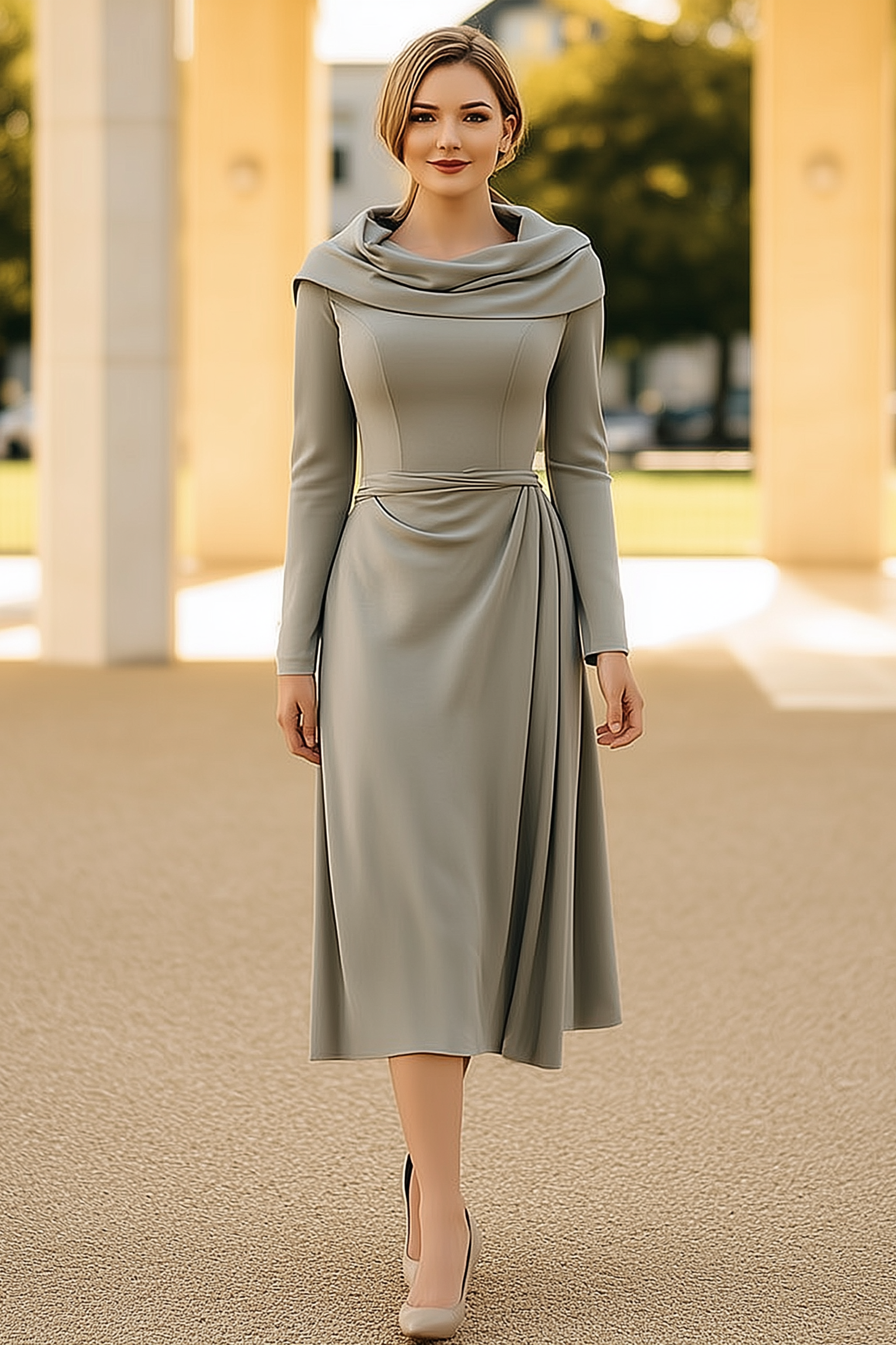 Work Dress Green Cowl Neck Long Sleeve Midi Dress – chiclody