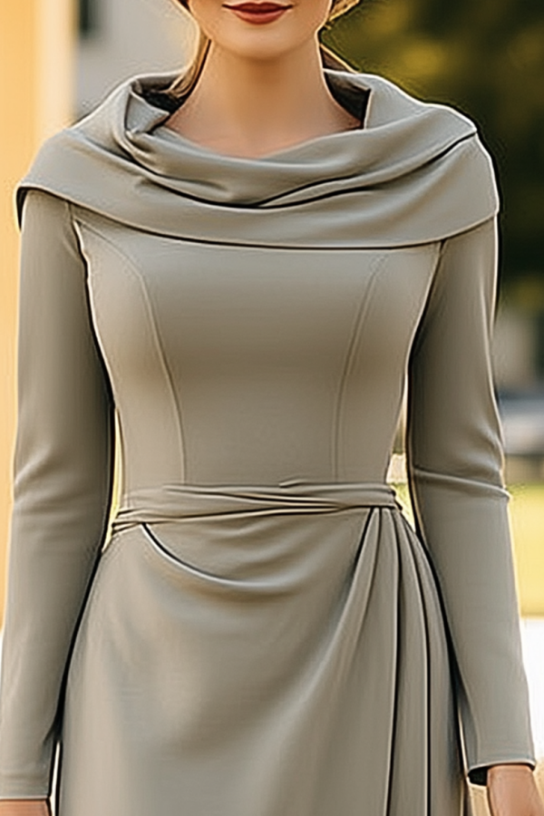 Work Dress Green Cowl Neck Long Sleeve Midi Dress