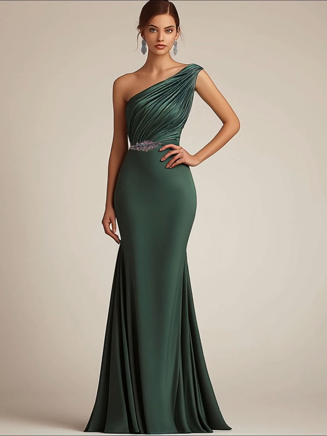 Formal Evening Dress Green One Shoulder Pleated Mermaid Floor-Length Gown