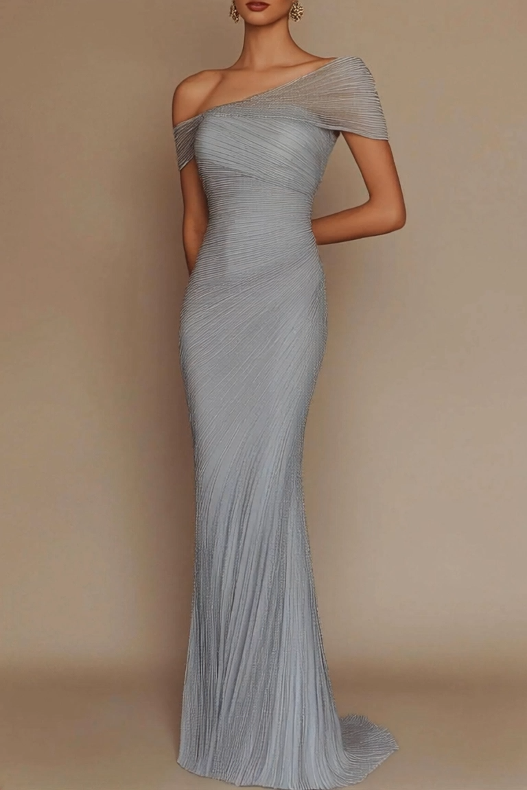 Evening Prom Light Blue Gown One Shoulder Glitter Pleated Maxi Dress