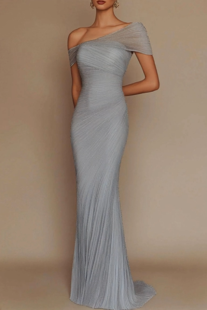 Evening Prom Light Blue Gown One Shoulder Glitter Pleated Maxi Dress