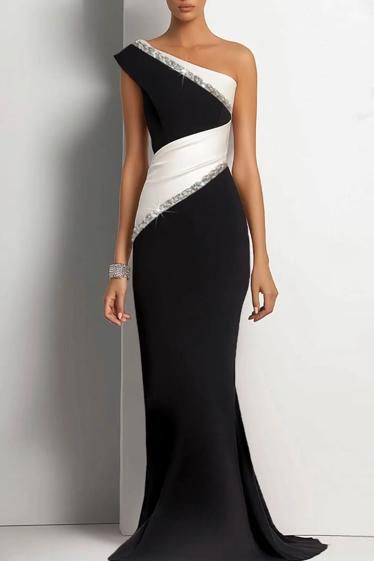 Party One-Shoulder Diamond Dress Black White Maxi Dress