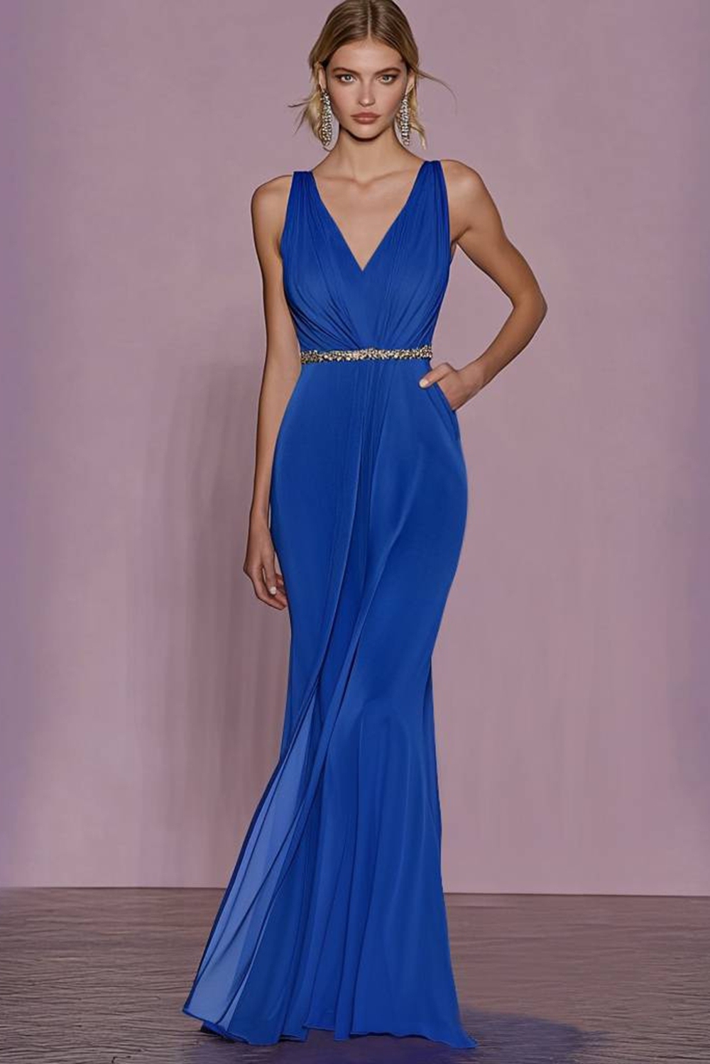 Wedding Party Electric Blue Maxi Dress Sleeveless Evening Gown