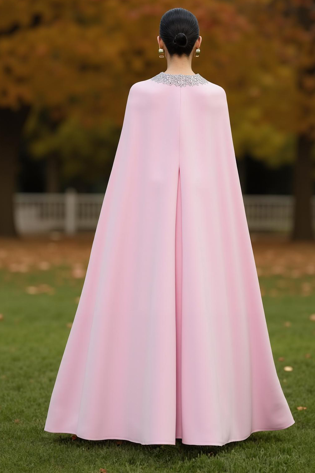 Wedding Guest Dress Pink Crew Neck Belted Cape Knee-Length Dress