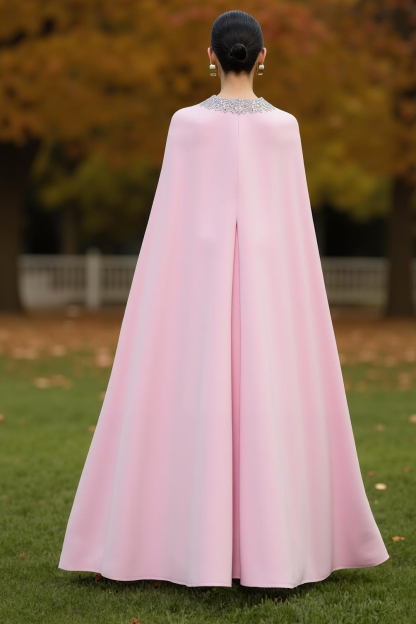 Wedding Guest Dress Pink Crew Neck Belted Cape Knee-Length Dress