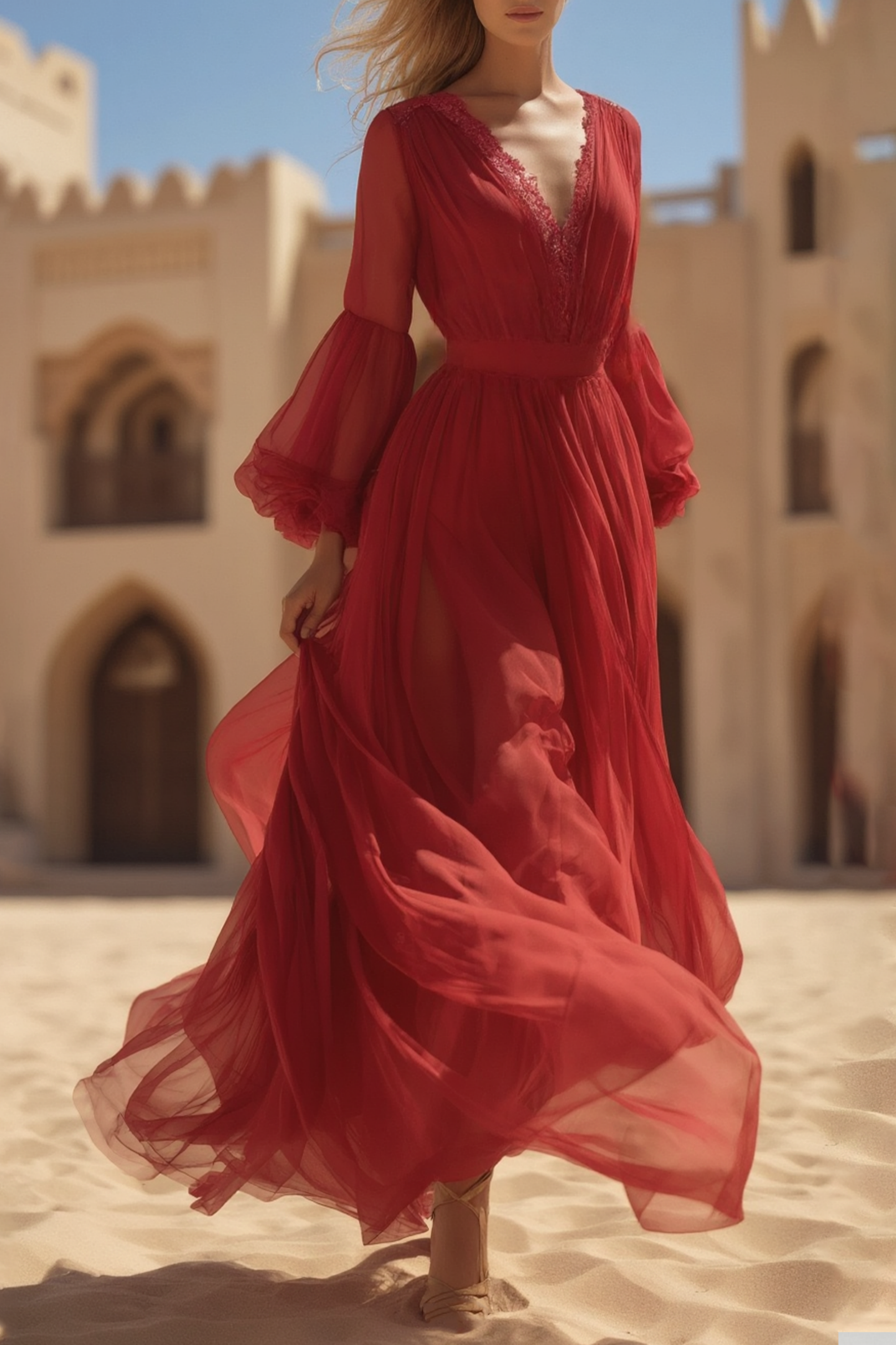 Bohemian Swing Dress Red V Neck Lace Maxi Dress