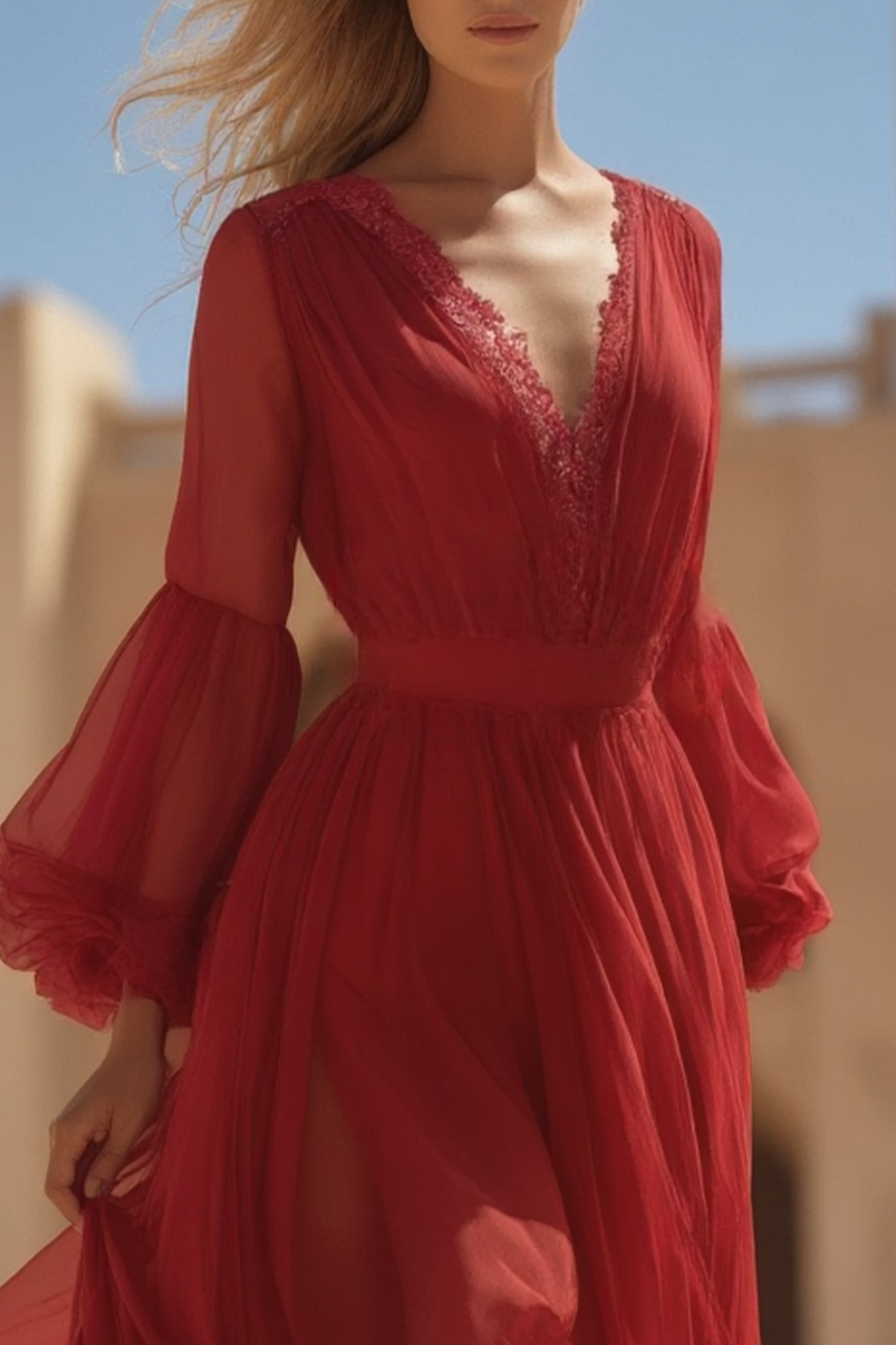 Bohemian Swing Dress Red V Neck Lace Maxi Dress