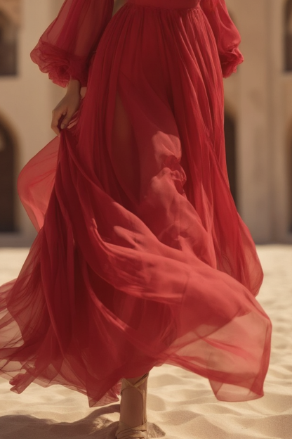 Bohemian Swing Dress Red V Neck Lace Maxi Dress