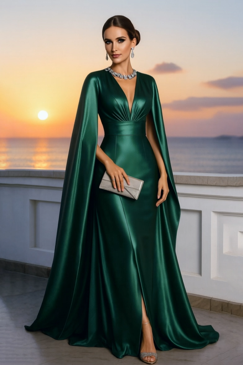 Formal ​Evening Dress Green V Neck Cape Maxi Satin Dress