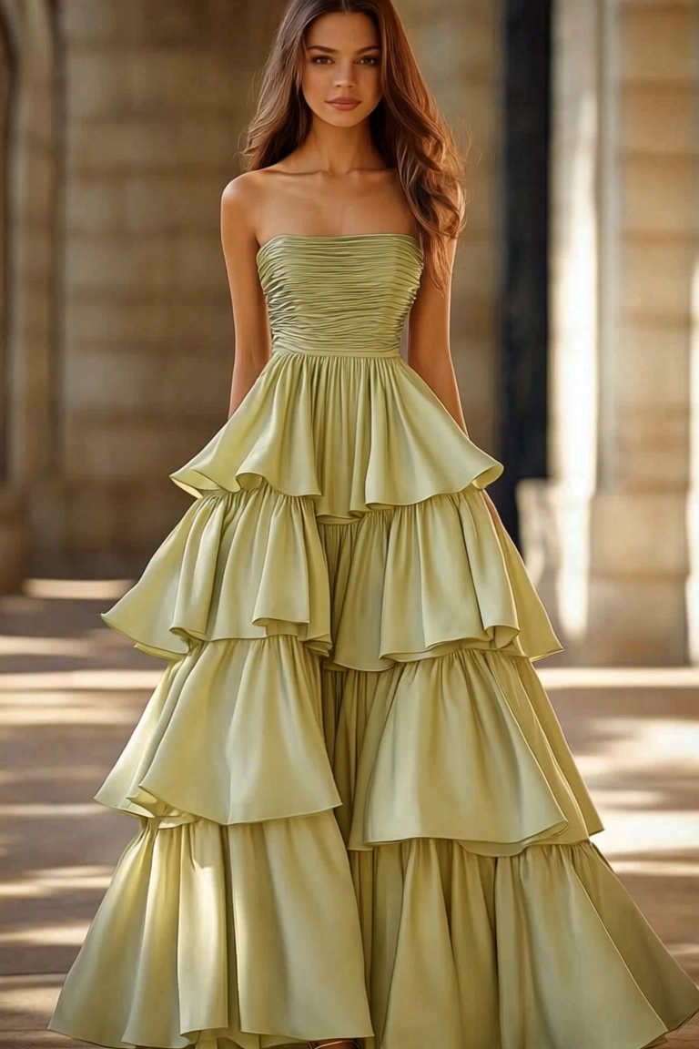 Formal Prom Tiered Dress Light Green Strapless Floor Dress