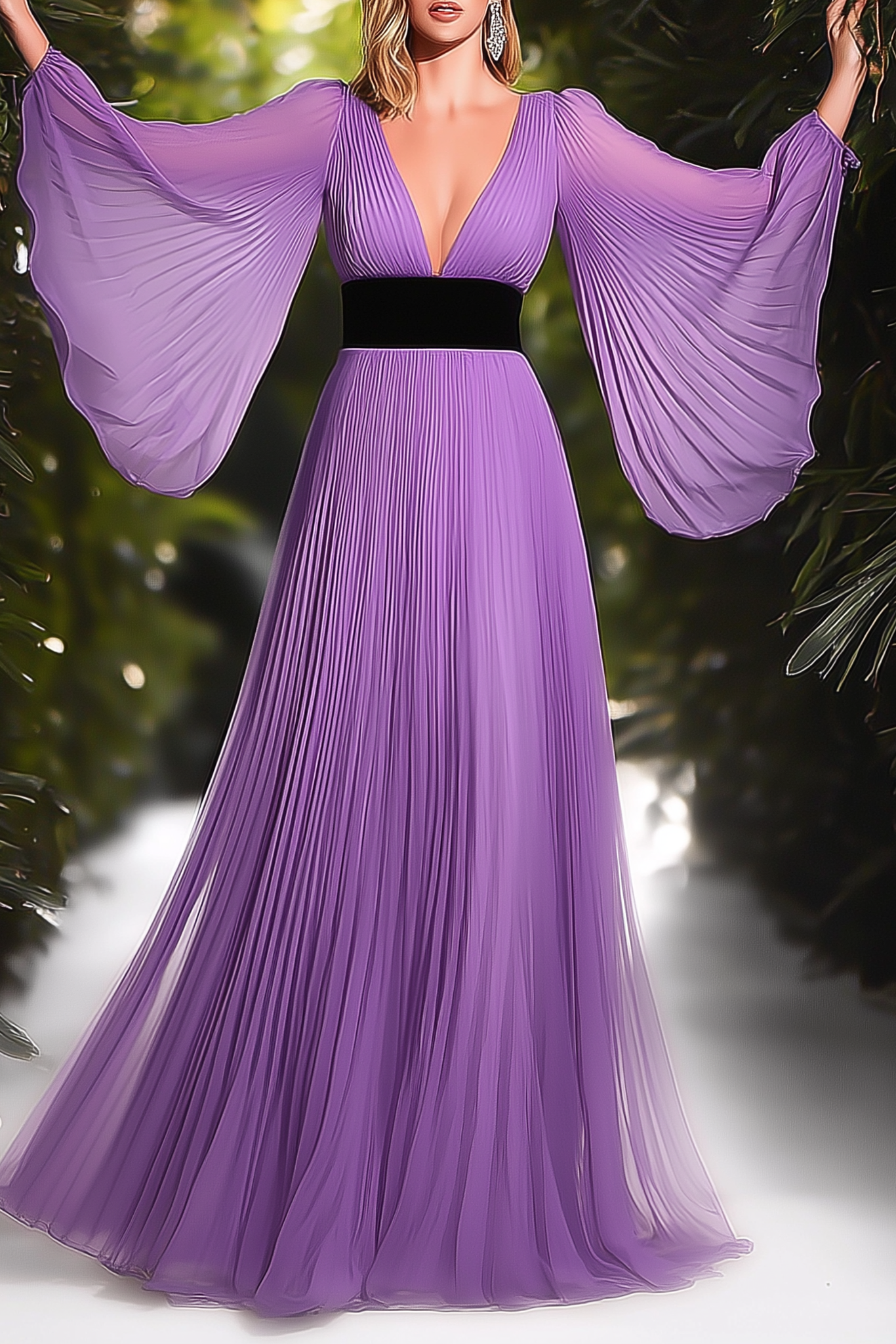 Formal ​Evening Dress Purple V Neck Pleated Maxi Long Sleeve Dress
