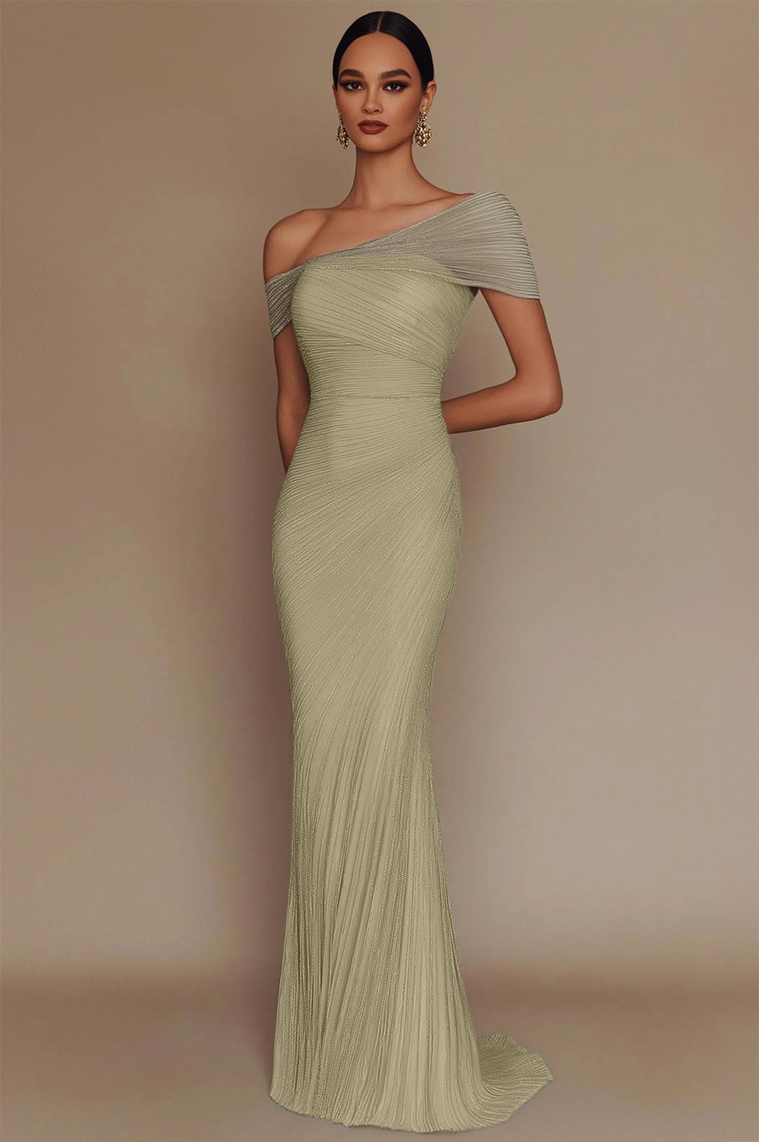Evening Prom Light Blue Gown One Shoulder Glitter Pleated Maxi Dress