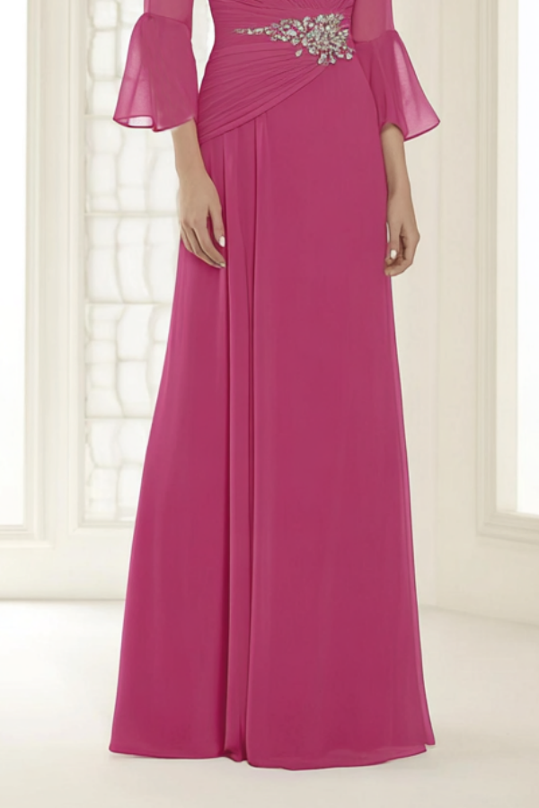 Evening Dress Rose V Neck 3/4 Length Sleeve Maxi Dress