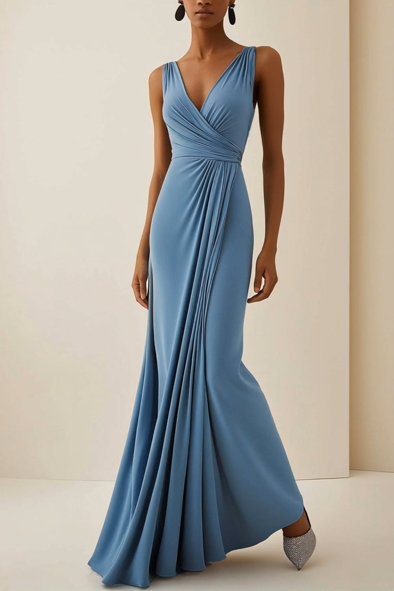 Wedding Guest Party Dress Light Blue Sleeveless Pleated Maxi Dress