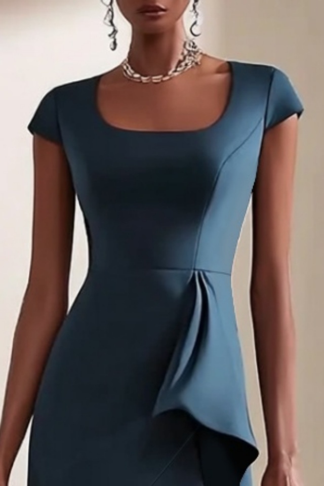 Cocktail Party Dress​​ Navy Square Neck Ruffle Knee Dress