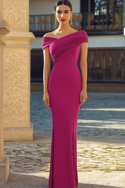 Wedding Guest Evening Dress Purple Pleated Off-Shoulder Floor-Length Dress