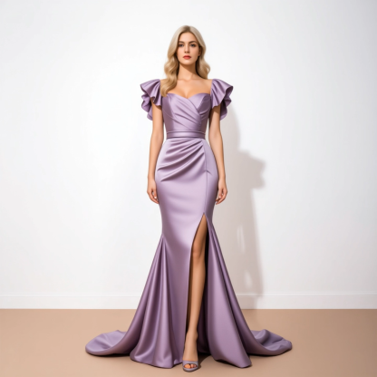​Evening​ Formal Satin Dress​​ Purple Square Neck Floor-Length Dress