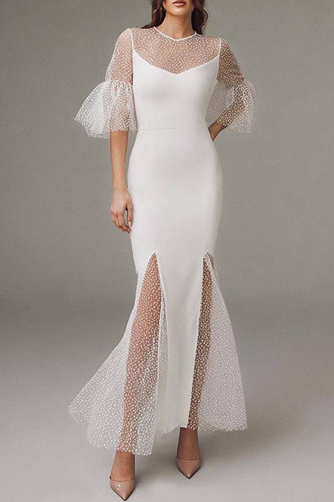 Formal Mermaid Dress White Crew Neck Colorblock Maxi Dress