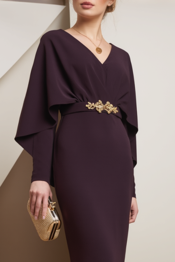 Formal Evening Dress Purple V Neck Belted Maxi Dress