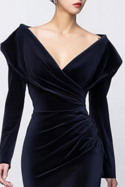 Cocktail Dress Navy V Neck Midi Velvet Dress