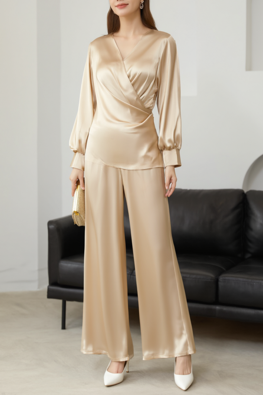 Work Pants Set Golden Long Sleeve Blouse Two-Piece Wide-Leg