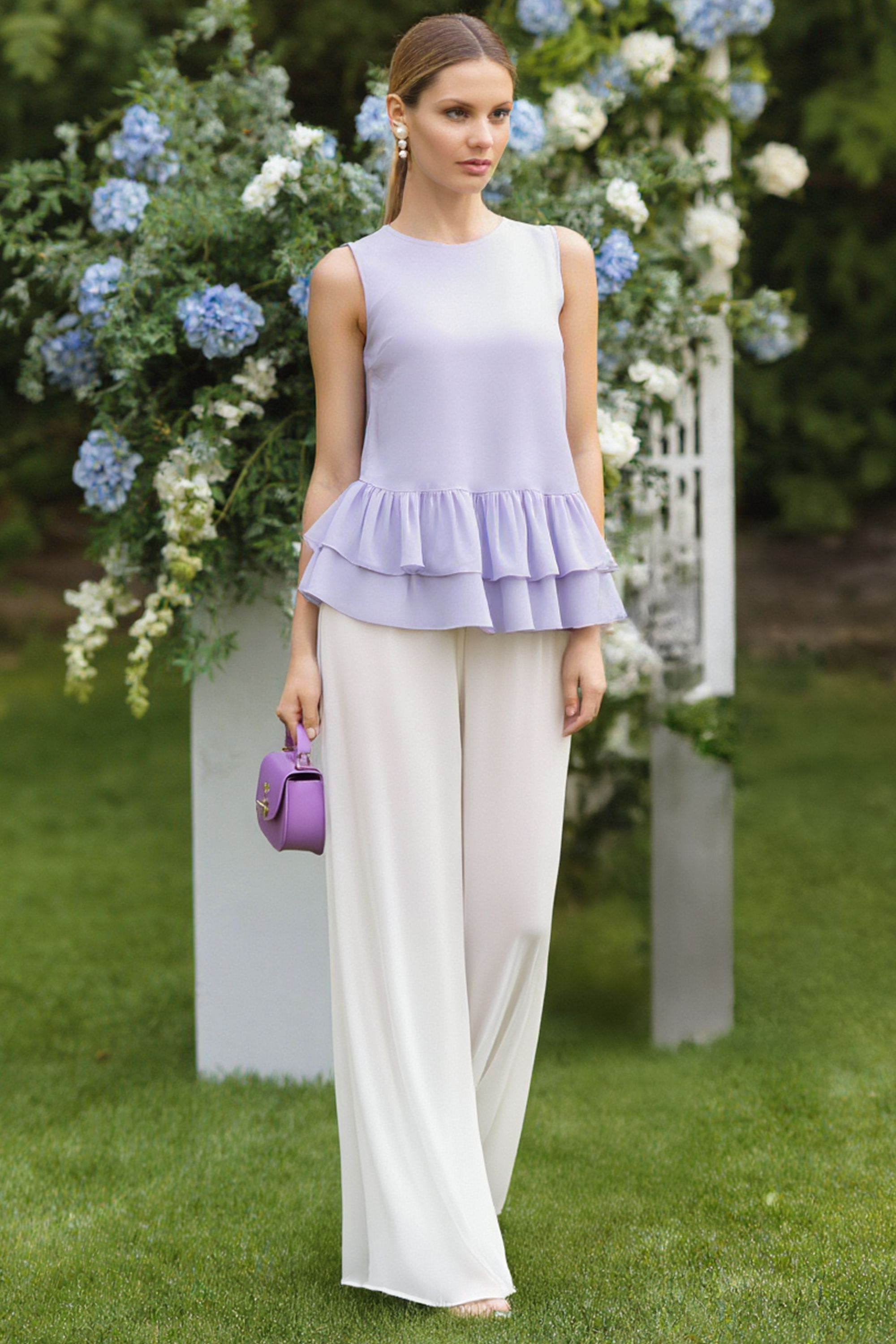 Casual Blouse Set Purple Crew Neck Ruffle Two-Piece