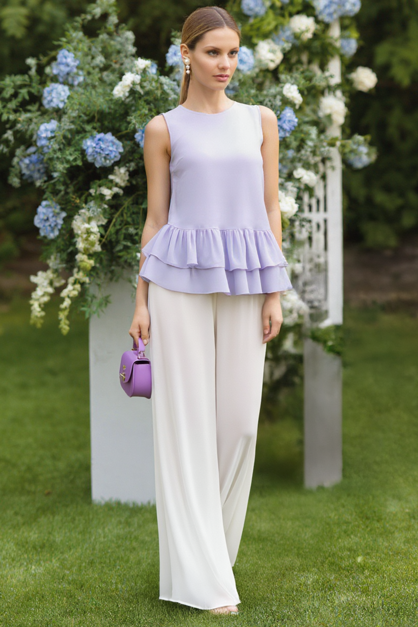 Casual Blouse Set Purple Crew Neck Ruffle Two-Piece